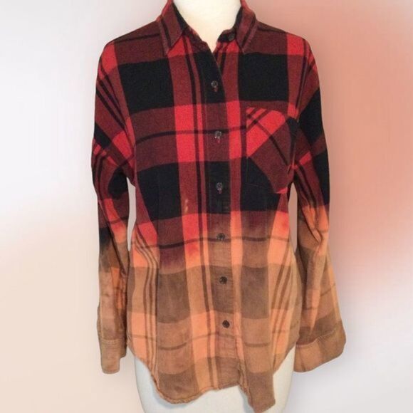 Old Navy Upcycled Bleached Red Black Orange Plaid Flannel Button Up Shirt Size S - Picture 3 of 12